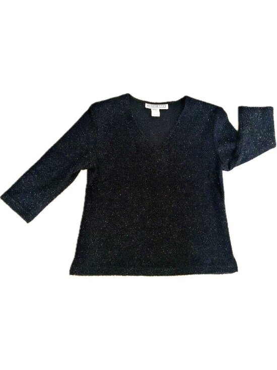 Dressbarn Tops - Womens Dressbarn Black holiday party Metallic Blouse V-neck Sz M 3/4 Sleeve Top